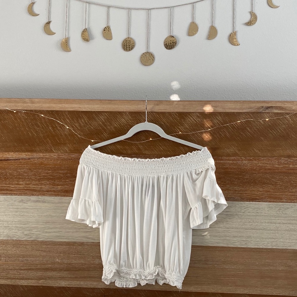 forever 21 white scrunched off the shoulder top